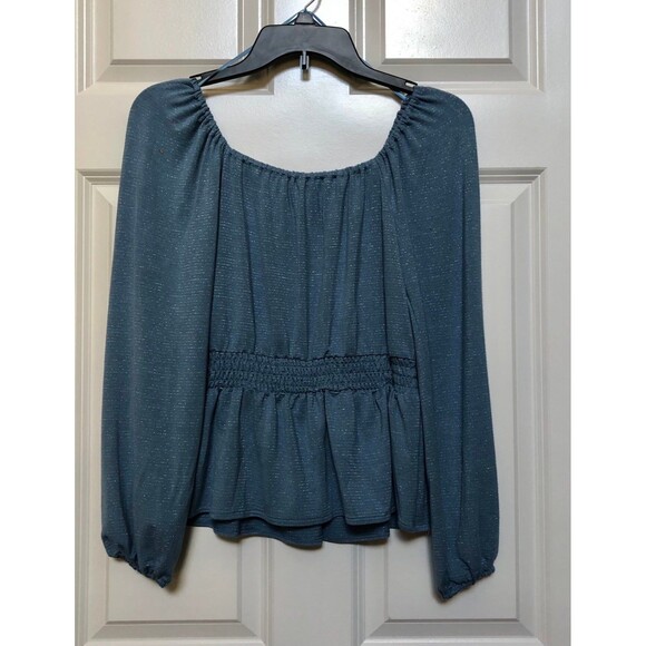 LC Lauren Conrad TOP BLOUSE WOMEN'S SIZE XS SCRUB BLUE PEPLUM SHIRRED WAITS 102 - Picture 4 of 7